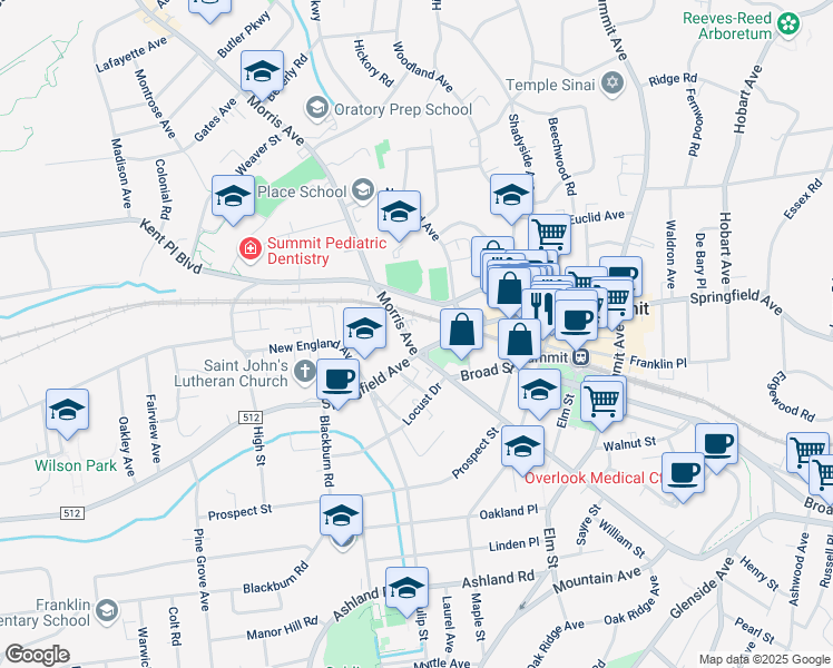 map of restaurants, bars, coffee shops, grocery stores, and more near 535 Springfield Avenue in Summit
