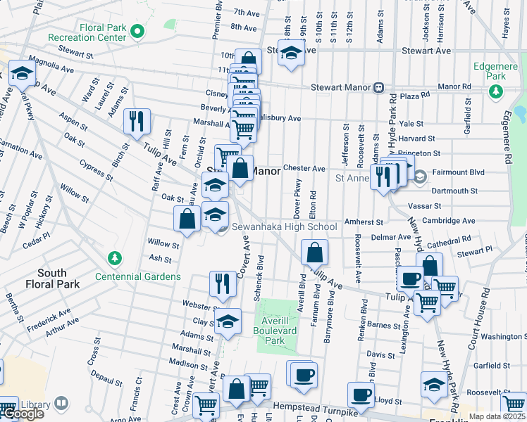 map of restaurants, bars, coffee shops, grocery stores, and more near 189 Bromleigh Road in Garden City