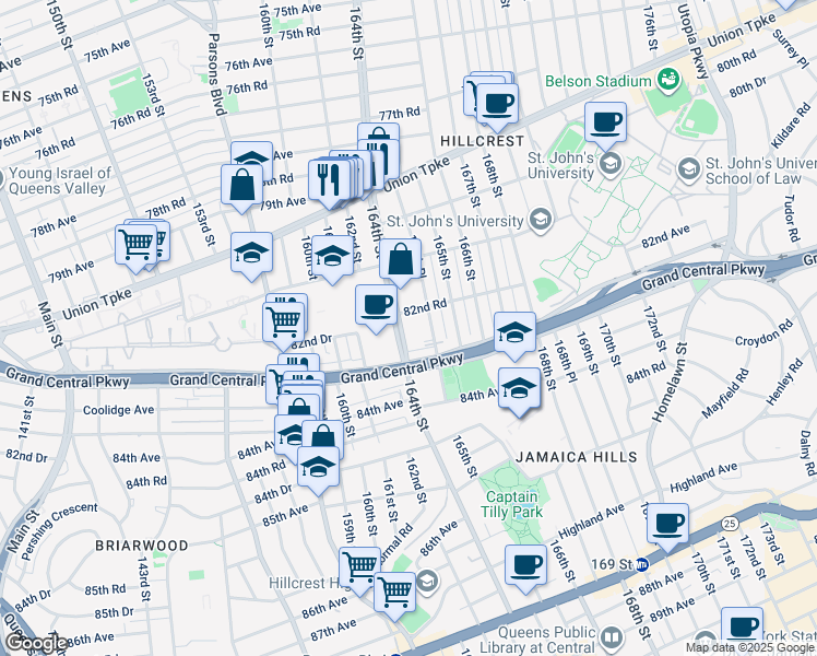 map of restaurants, bars, coffee shops, grocery stores, and more near 82-65 164th Street in Queens