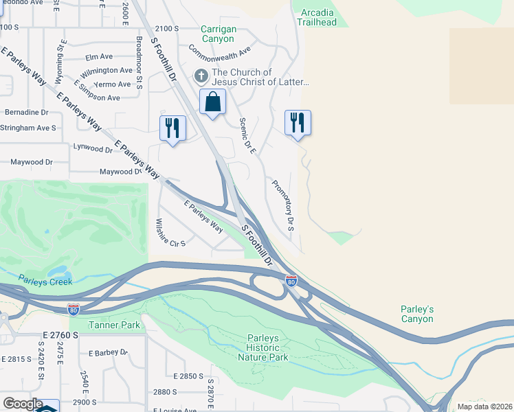 map of restaurants, bars, coffee shops, grocery stores, and more near 2428 Scenic Drive in Salt Lake City