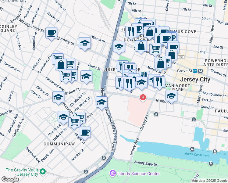 map of restaurants, bars, coffee shops, grocery stores, and more near 464 Grand Street in Jersey City