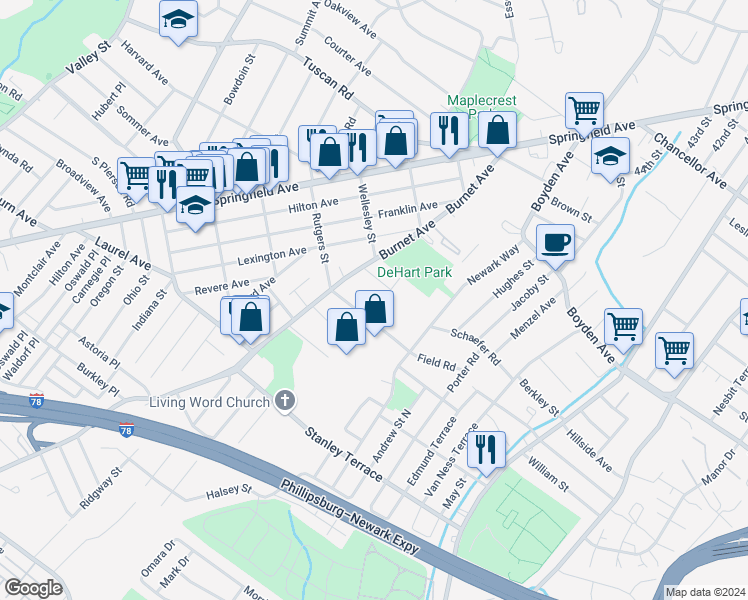 map of restaurants, bars, coffee shops, grocery stores, and more near 25 Toronto Court in Maplewood
