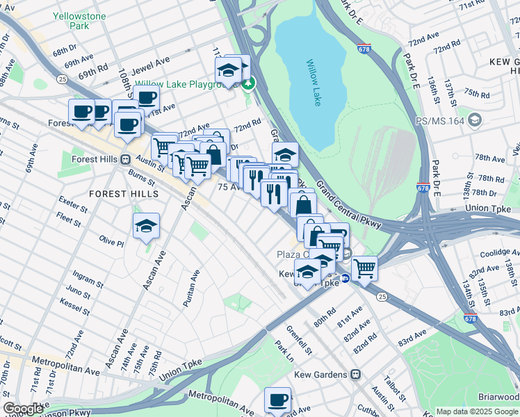 map of restaurants, bars, coffee shops, grocery stores, and more near 11145 76th Avenue in Queens