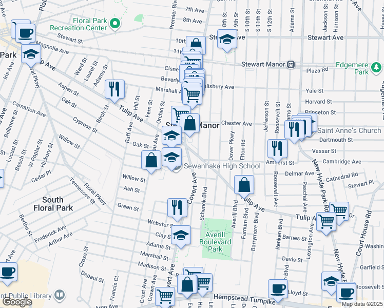 map of restaurants, bars, coffee shops, grocery stores, and more near 600 Tulip Avenue in Floral Park