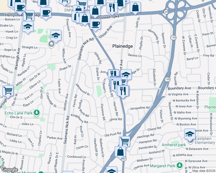 map of restaurants, bars, coffee shops, grocery stores, and more near 4266 Clarissa Road in Bethpage