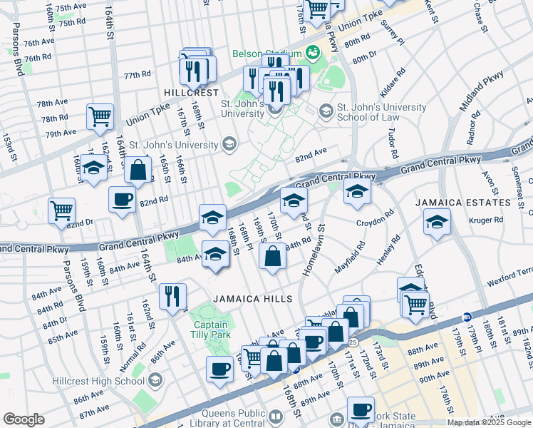 map of restaurants, bars, coffee shops, grocery stores, and more near 82-64 170th Street in Queens