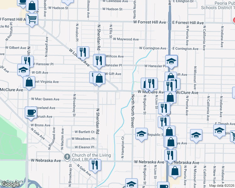 map of restaurants, bars, coffee shops, grocery stores, and more near 428 West McClure Avenue in Peoria