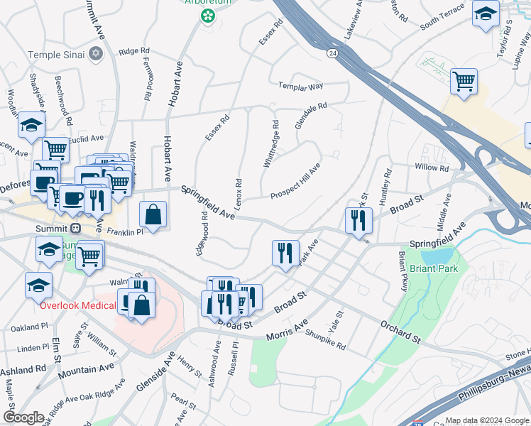 map of restaurants, bars, coffee shops, grocery stores, and more near 181 Springfield Ave in Summit