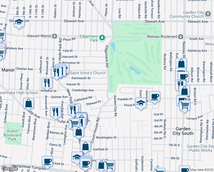 map of restaurants, bars, coffee shops, grocery stores, and more near 6 Edgemere Road in Garden City