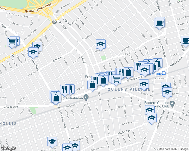map of restaurants, bars, coffee shops, grocery stores, and more near 93-54 212th Street in Queens