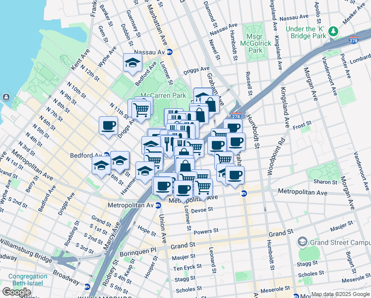 map of restaurants, bars, coffee shops, grocery stores, and more near 689 Lorimer Street in Brooklyn