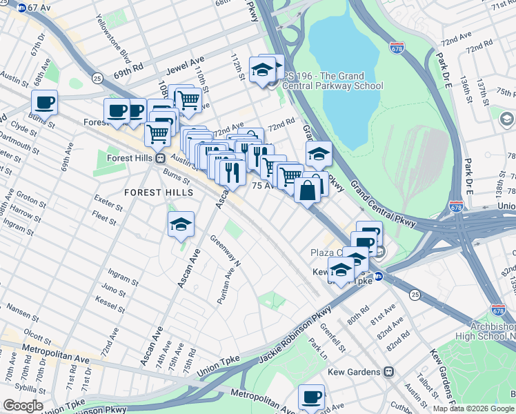 map of restaurants, bars, coffee shops, grocery stores, and more near 76-44 Austin Street in Queens