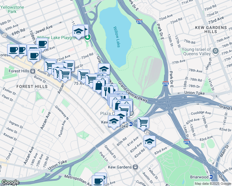 map of restaurants, bars, coffee shops, grocery stores, and more near 76-30 Grand Central Parkway in Queens