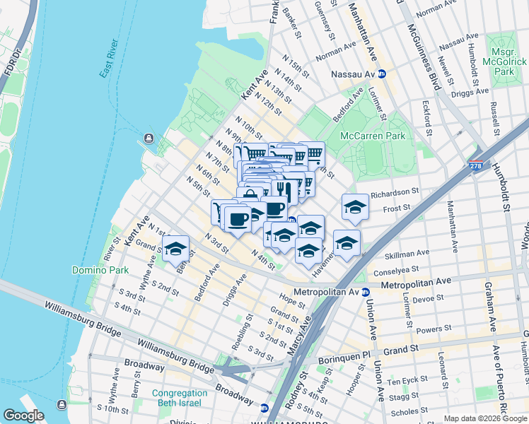 map of restaurants, bars, coffee shops, grocery stores, and more near 193 Bedford Avenue in Brooklyn