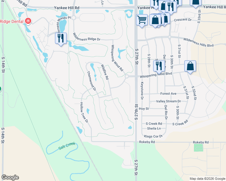 map of restaurants, bars, coffee shops, grocery stores, and more near 9350 Whispering Wind Road in Lincoln