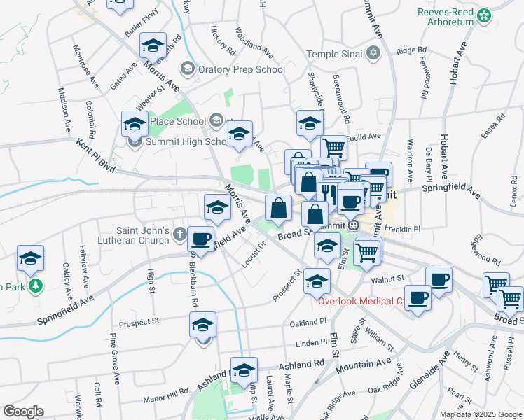 map of restaurants, bars, coffee shops, grocery stores, and more near 517 Springfield Avenue in Summit