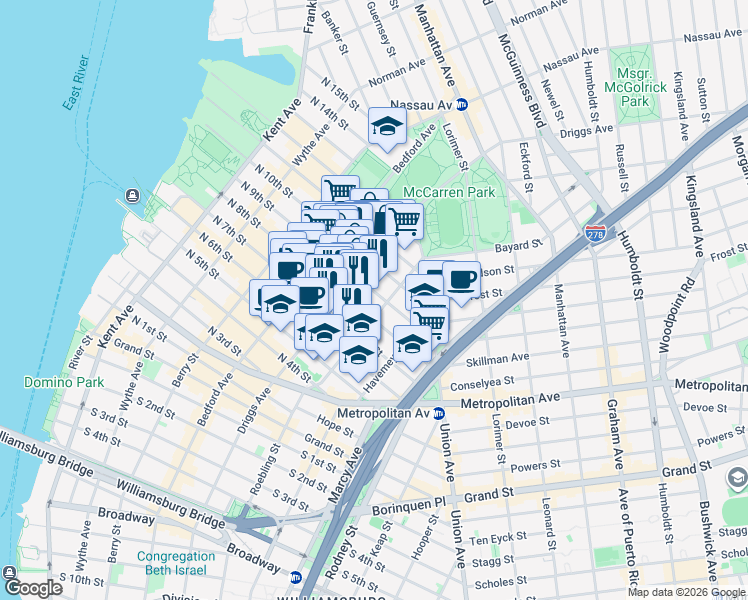 map of restaurants, bars, coffee shops, grocery stores, and more near 228 North 9th Street in Brooklyn