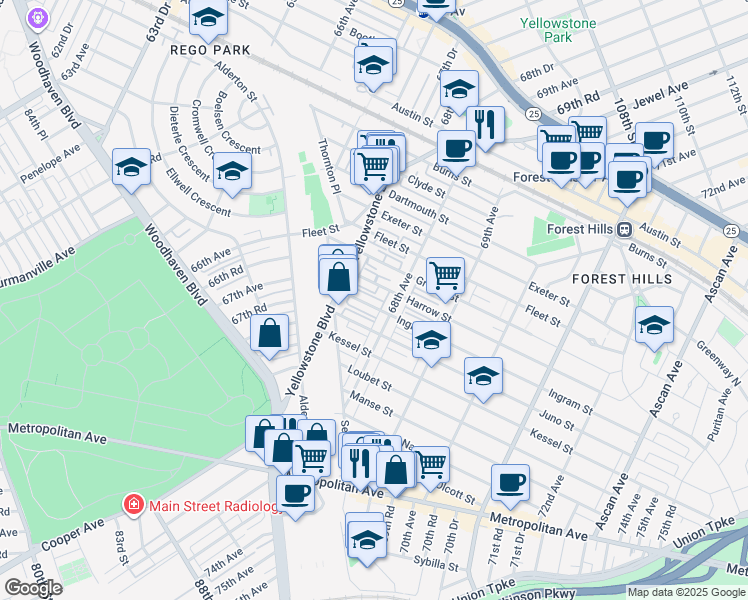 map of restaurants, bars, coffee shops, grocery stores, and more near 67-47 Ingram Street in Queens