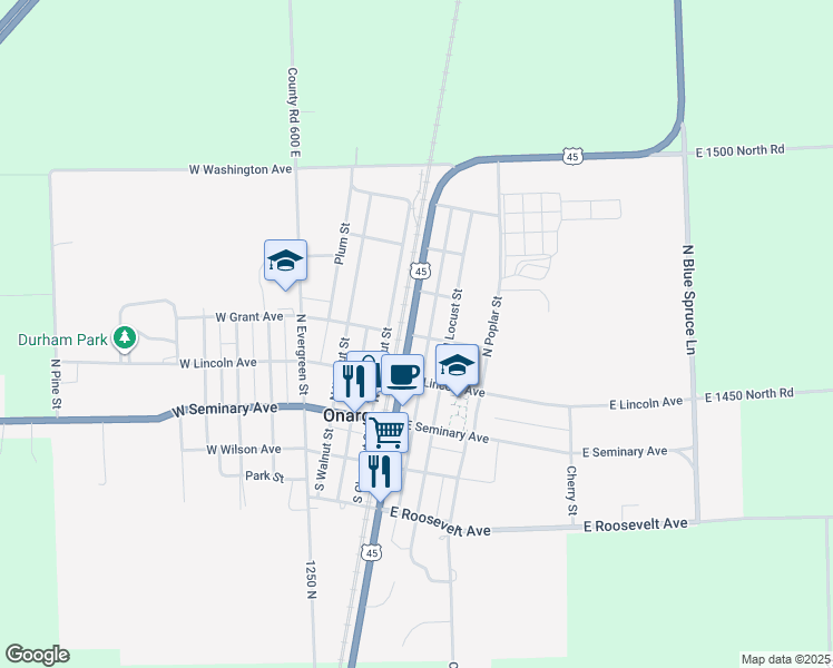 map of restaurants, bars, coffee shops, grocery stores, and more near 300 North Oak Street in Onarga