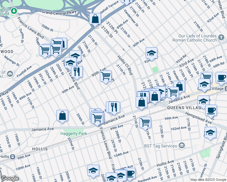 map of restaurants, bars, coffee shops, grocery stores, and more near 93-05 210th Street in Queens