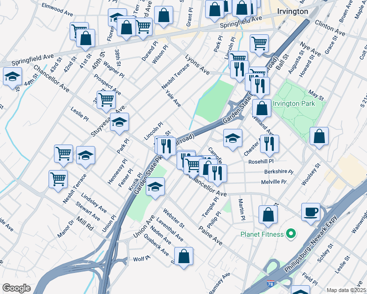 map of restaurants, bars, coffee shops, grocery stores, and more near 31 Lehigh Place in Irvington