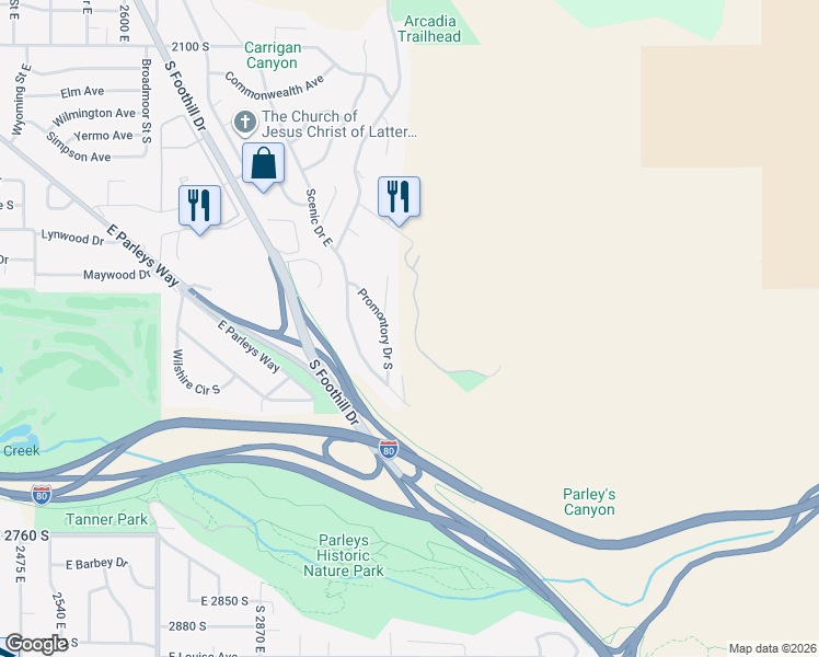 map of restaurants, bars, coffee shops, grocery stores, and more near 2438 South Cannon Point Drive in Salt Lake City