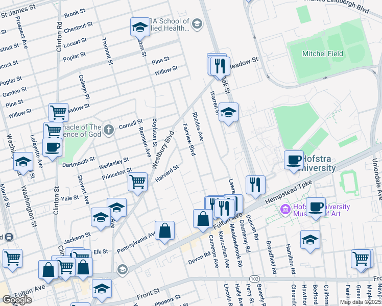 map of restaurants, bars, coffee shops, grocery stores, and more near 177 Fairview Boulevard in Hempstead
