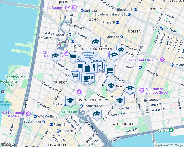map of restaurants, bars, coffee shops, grocery stores, and more near 76 Lafayette Street in New York