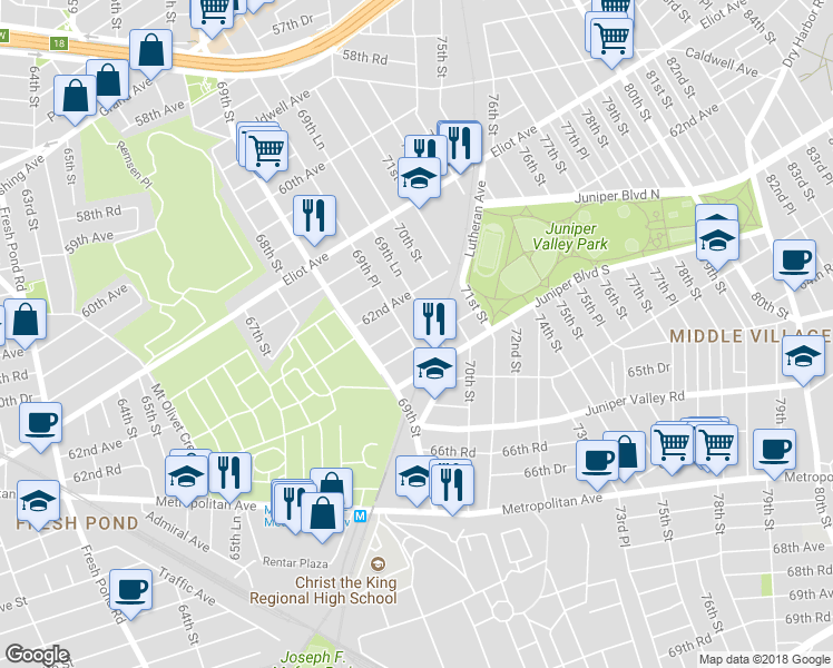 map of restaurants, bars, coffee shops, grocery stores, and more near 62-35 69th Place in Queens