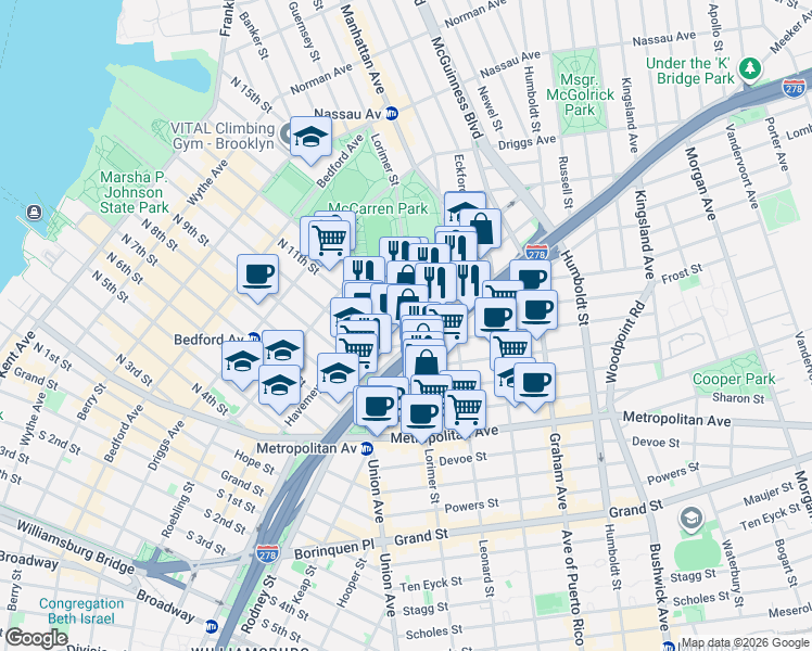 map of restaurants, bars, coffee shops, grocery stores, and more near 689 Lorimer Street in Brooklyn
