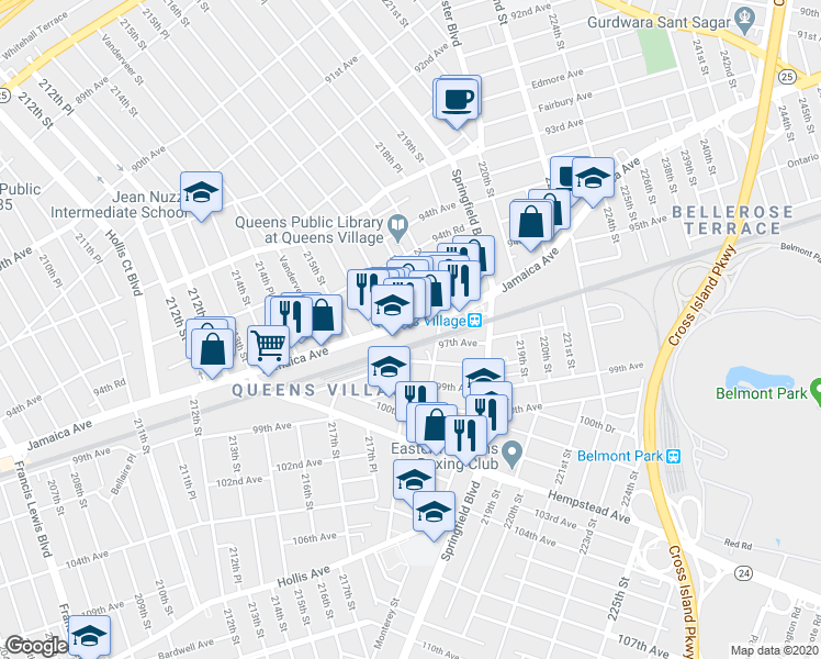map of restaurants, bars, coffee shops, grocery stores, and more near 216-6 Jamaica Avenue in Queens