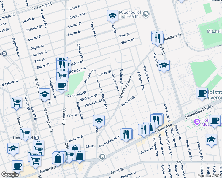 map of restaurants, bars, coffee shops, grocery stores, and more near 209 Wellesley Street in Hempstead