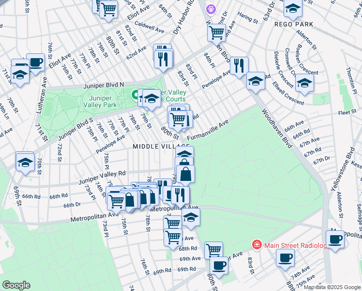 map of restaurants, bars, coffee shops, grocery stores, and more near 65-12 80th Street in Queens