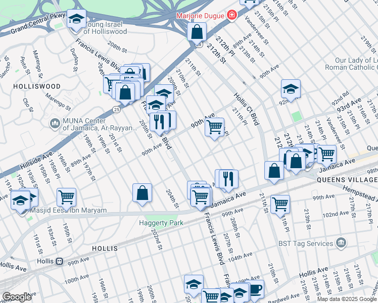 map of restaurants, bars, coffee shops, grocery stores, and more near 90-48 208th Street in Queens