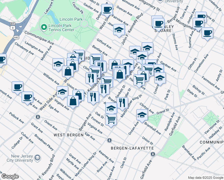 map of restaurants, bars, coffee shops, grocery stores, and more near Bergen Avenue in Jersey City