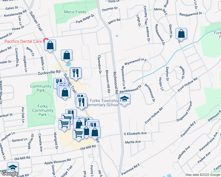 map of restaurants, bars, coffee shops, grocery stores, and more near 1845 Blossom Hill Road in Easton