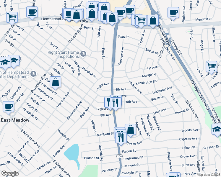 map of restaurants, bars, coffee shops, grocery stores, and more near 2469 4th Avenue in East Meadow