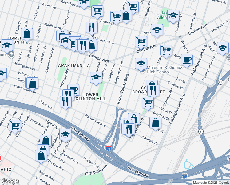 map of restaurants, bars, coffee shops, grocery stores, and more near 172 Ridgewood Avenue in Newark