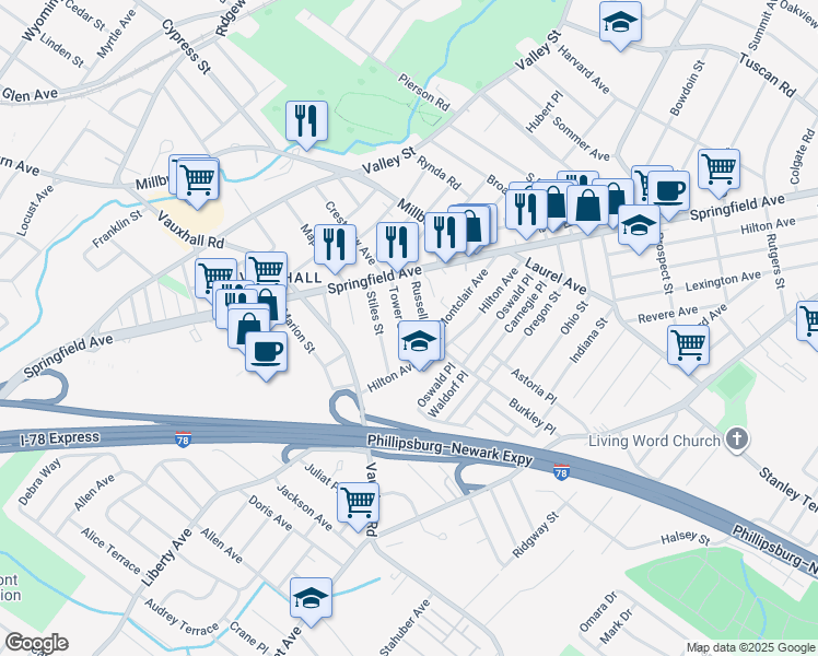 map of restaurants, bars, coffee shops, grocery stores, and more near 355 Tower St in Union