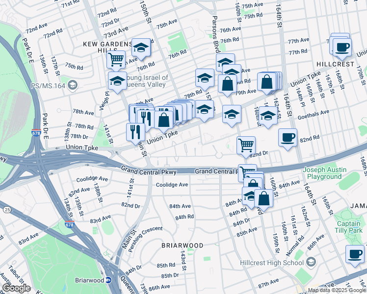 map of restaurants, bars, coffee shops, grocery stores, and more near 147-24 Charter Road in Queens