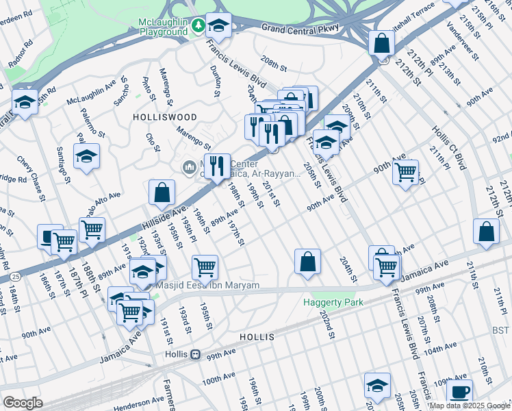 map of restaurants, bars, coffee shops, grocery stores, and more near 89-06 199th St in Queens