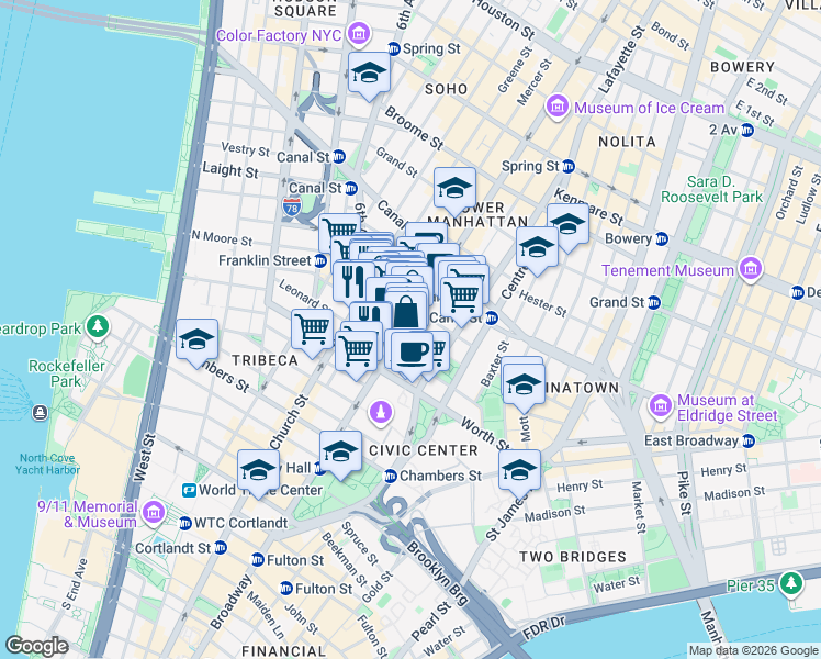 map of restaurants, bars, coffee shops, grocery stores, and more near 366 Broadway in New York
