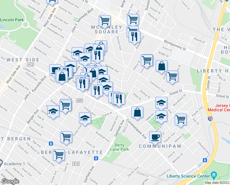 map of restaurants, bars, coffee shops, grocery stores, and more near 54 Park Street in Jersey City