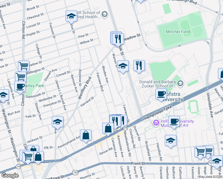 map of restaurants, bars, coffee shops, grocery stores, and more near 168 Rhodes Avenue in Hempstead