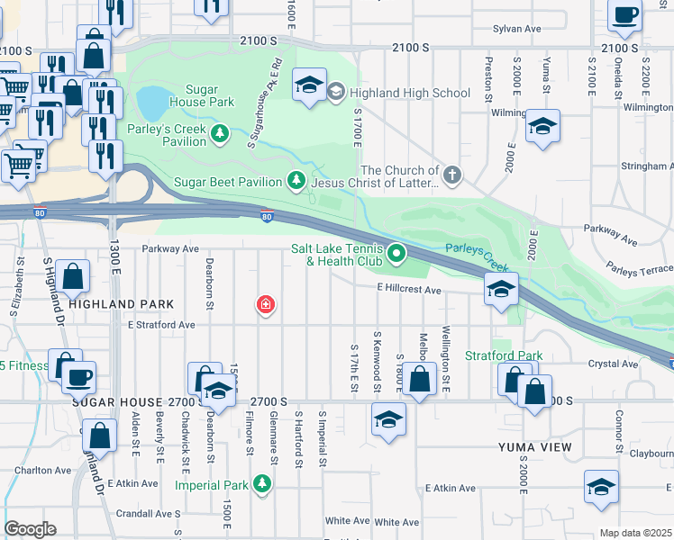 map of restaurants, bars, coffee shops, grocery stores, and more near 2485 South Imperial Street in Salt Lake City