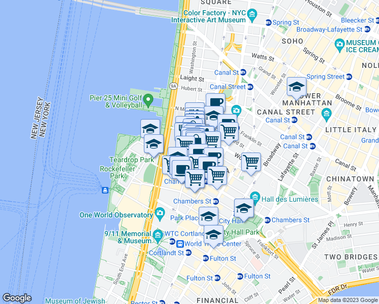 map of restaurants, bars, coffee shops, grocery stores, and more near Greenwich St & Duane St in New York