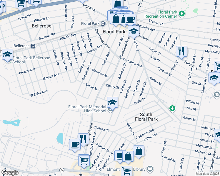 map of restaurants, bars, coffee shops, grocery stores, and more near 31 Hemlock Street in Floral Park