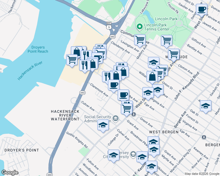 map of restaurants, bars, coffee shops, grocery stores, and more near 96 Yale Avenue in Jersey City