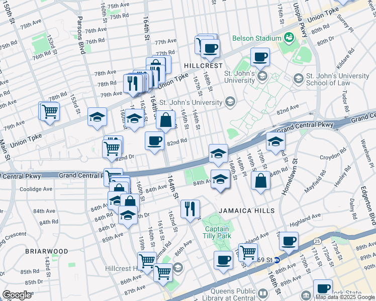 map of restaurants, bars, coffee shops, grocery stores, and more near 82-74 165th Street in Queens