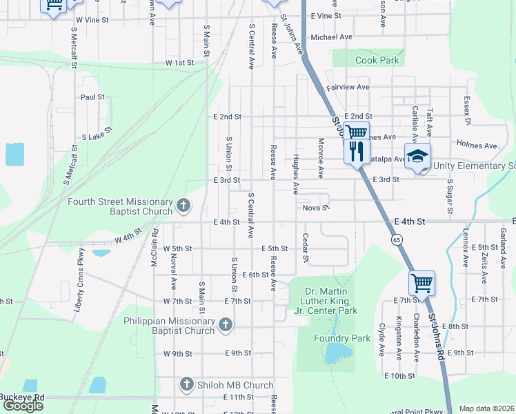 map of restaurants, bars, coffee shops, grocery stores, and more near 1221 S Central Ave in Lima